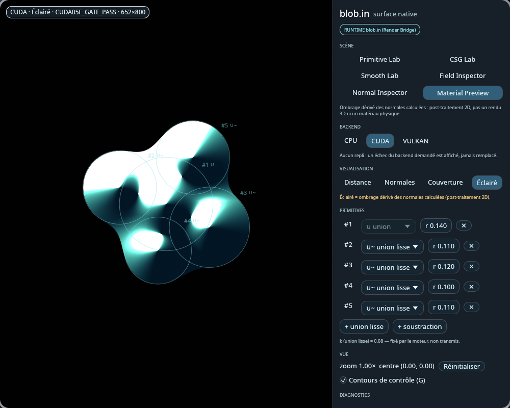 The blob.in window: on the left, five circles blended into one soft, lit shape; on the right, the control panel, with the badge 'RUNTIME blob.in (Render Bridge)' and the CUDA engine selected.