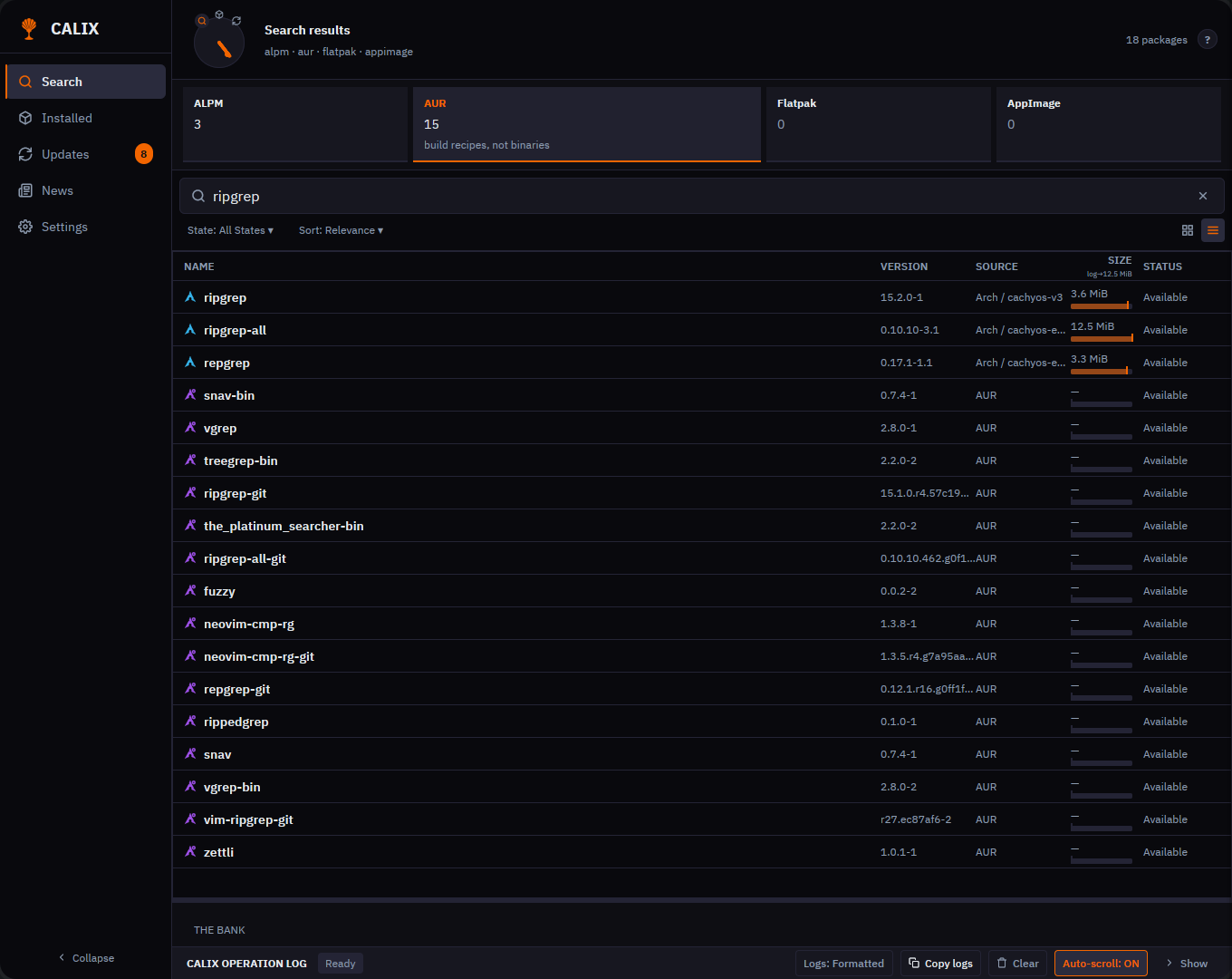 Calix screenshot: a search for “ripgrep”, eighteen results, three from the Arch repositories and fifteen from the AUR, each with its source shown.