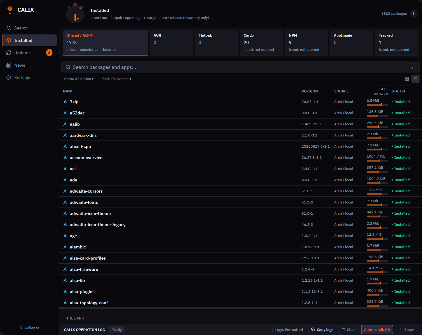 Calix screenshot: the inventory of installed packages, 1,803 packages split between official repositories, Cargo, NPM and tracked releases, with version, source, size and status.