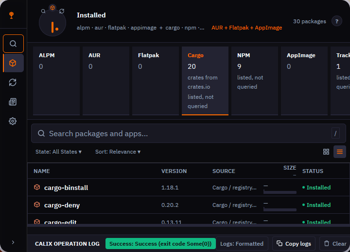 Screenshot of Calix at its minimum size: the navigation bar folded into icons, the package list still readable.