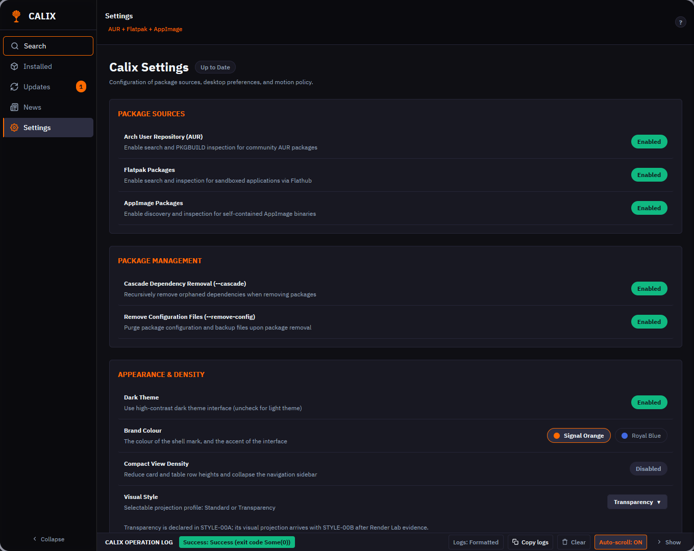 Screenshot of Calix's settings: package sources, package management, appearance, with the choice of brand colour between orange and blue.